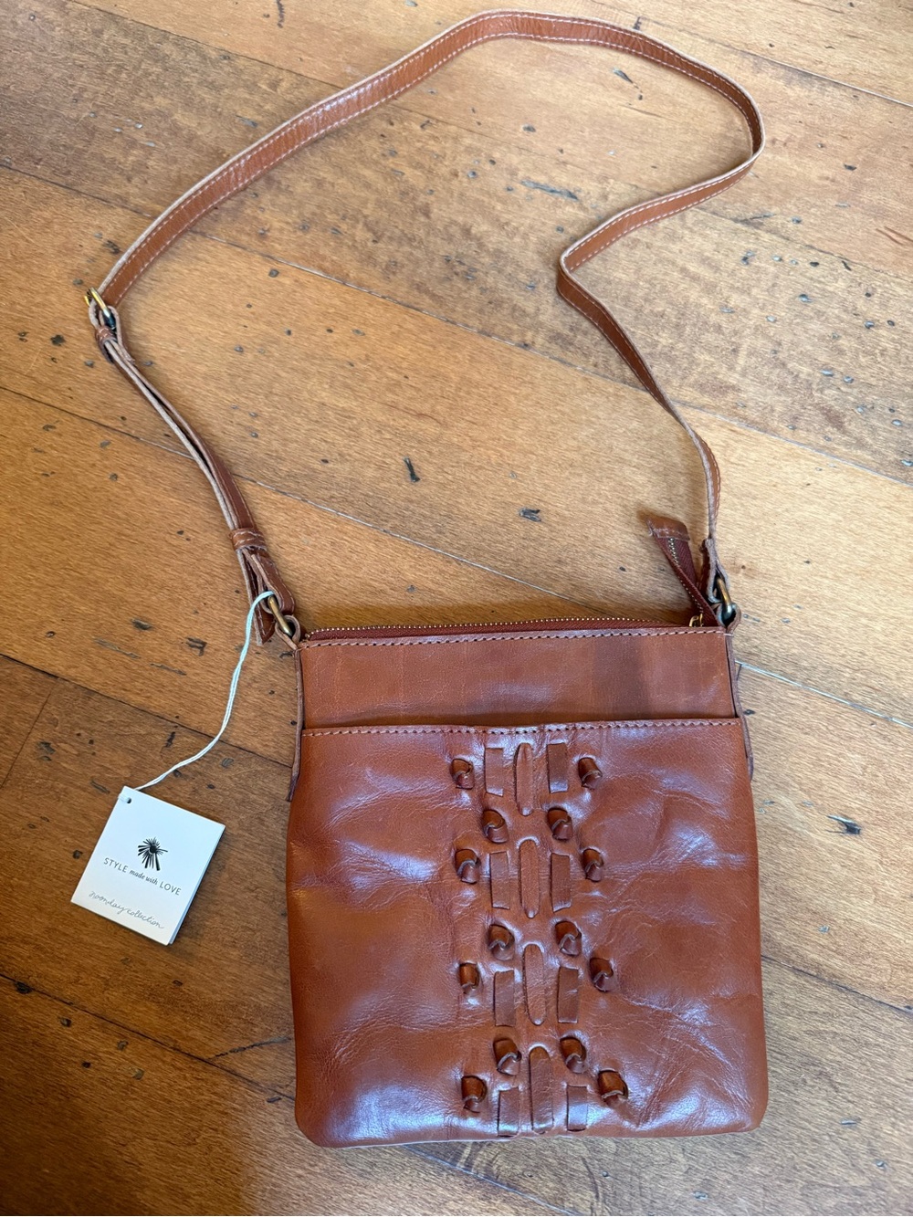 Noonday Collection Tan Woven-Accent Leather Crossbody Bag